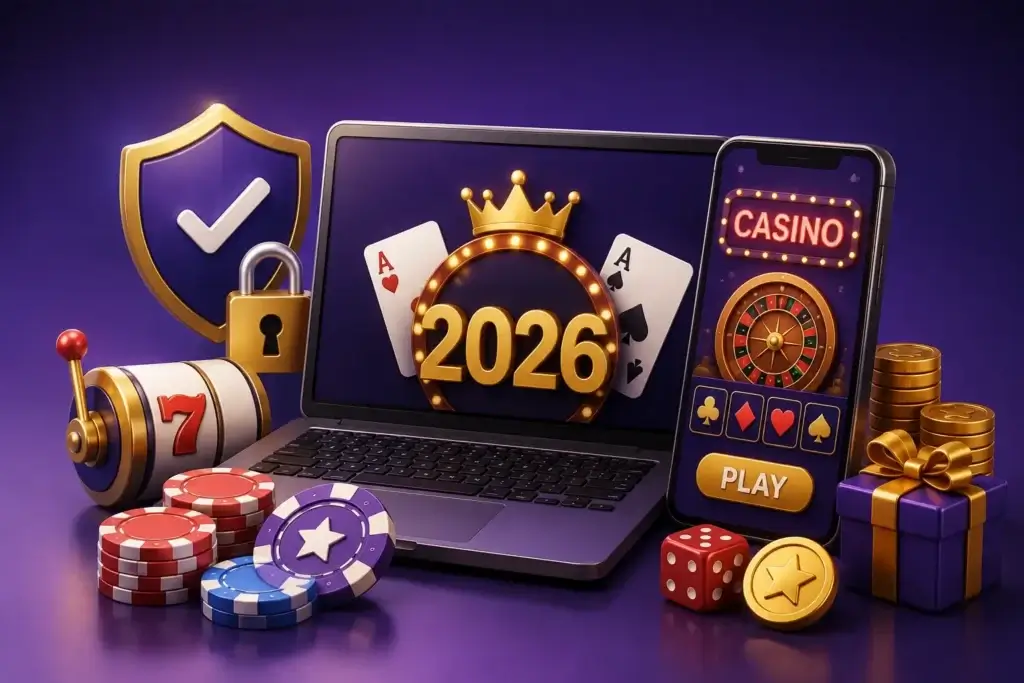 Najlepsze kasyna online 2026 – ilustracja przedstawiająca porównanie ofert, bonusów, bezpieczeństwa i metod płatności.